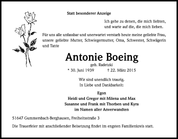 Anzeige von Antonie Boeing von Kölner Stadt-Anzeiger / Kölnische Rundschau / Express
