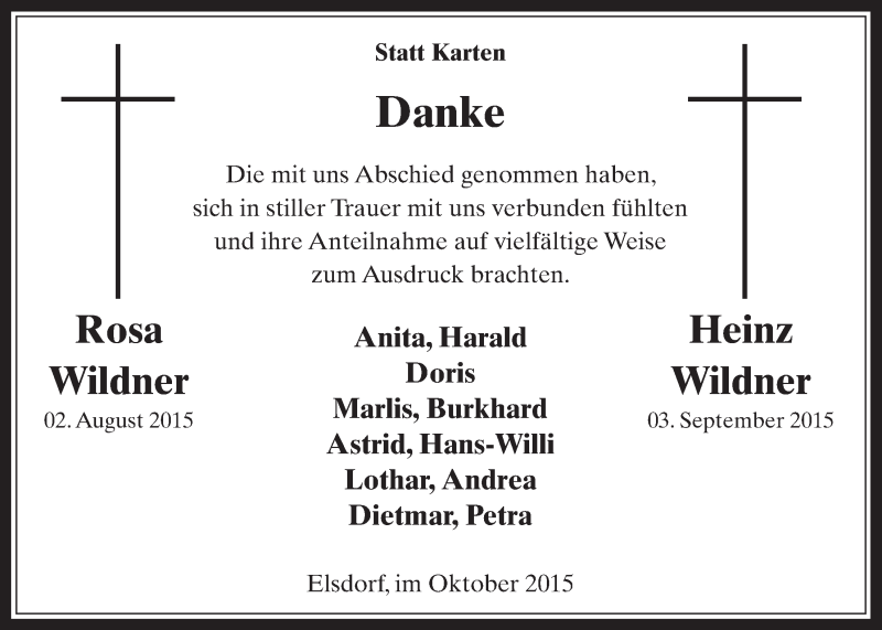  Traueranzeige für Rosa und Heinz Wildner vom 14.10.2015 aus  Werbepost 