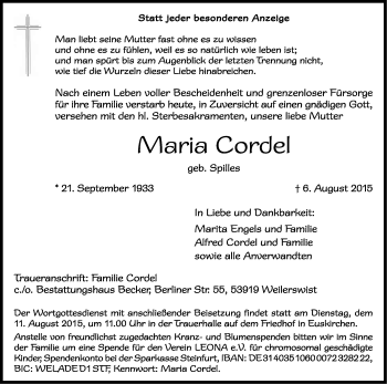 Anzeige von Maria Cordel von Kölner Stadt-Anzeiger / Kölnische Rundschau / Express