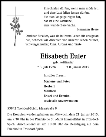 Anzeige von Elisabeth Euler von Kölner Stadt-Anzeiger / Kölnische Rundschau / Express