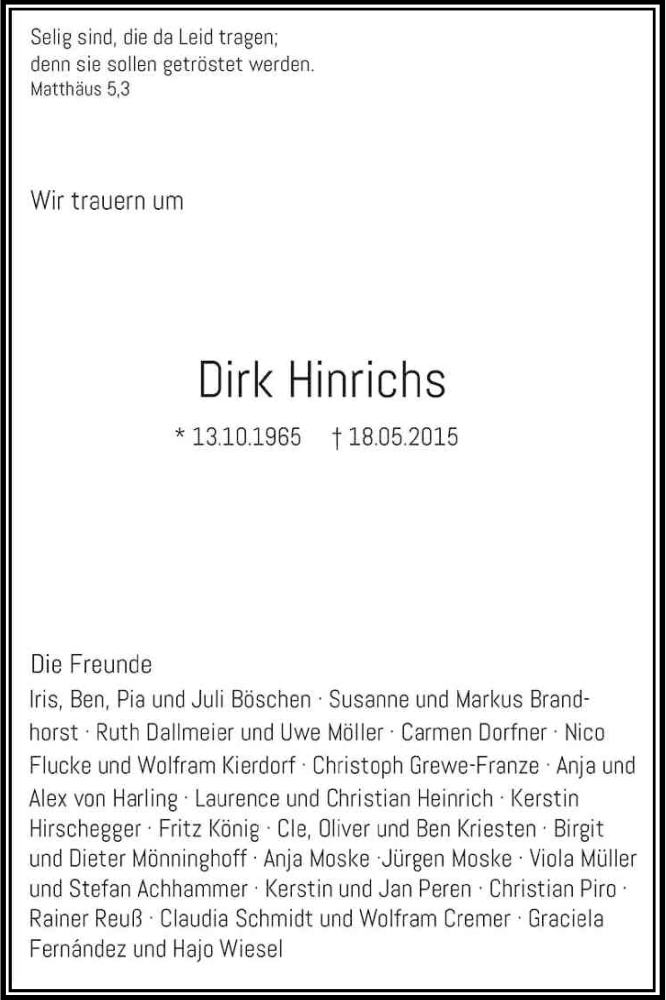  Traueranzeige für Dirk Hinrichs vom 13.06.2015 aus Kölner Stadt-Anzeiger / Kölnische Rundschau / Express