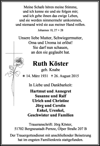 Anzeige von Ruth Köster von Kölner Stadt-Anzeiger / Kölnische Rundschau / Express