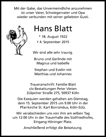 Anzeige von Hans Blatt von Kölner Stadt-Anzeiger / Kölnische Rundschau / Express