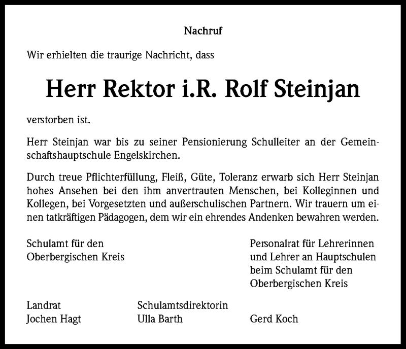  Traueranzeige für Rolf Steinjan vom 28.11.2015 aus Kölner Stadt-Anzeiger / Kölnische Rundschau / Express
