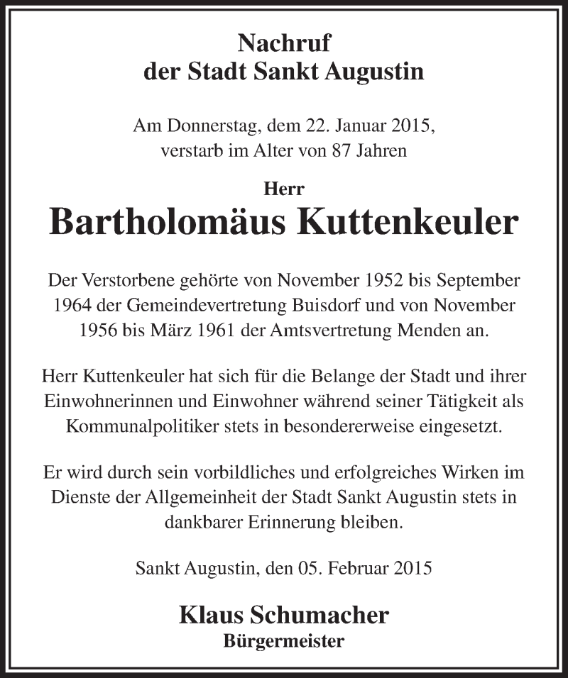  Traueranzeige für Bartholomäus Kuttenkeuler vom 11.02.2015 aus  Extra Blatt 