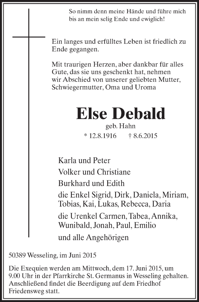  Traueranzeige für Else Debald vom 17.06.2015 aus  Schlossbote/Werbekurier 