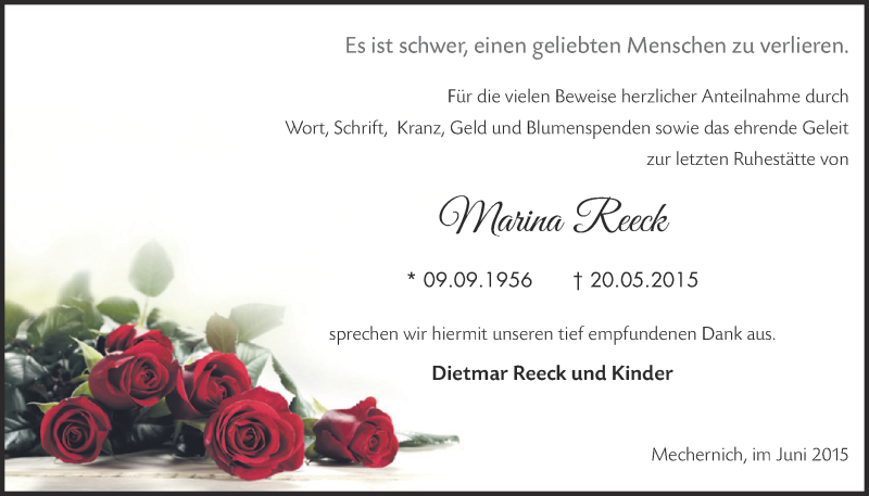  Traueranzeige für Marina Reeck vom 21.06.2015 aus  Blickpunkt Euskirchen 
