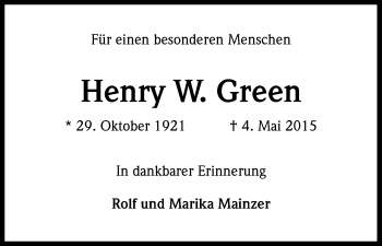 Anzeige von Henry W Green von Kölner Stadt-Anzeiger / Kölnische Rundschau / Express