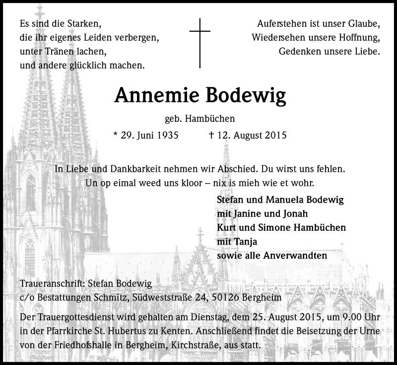  Traueranzeige für Annemie Bodewig vom 20.08.2015 aus Kölner Stadt-Anzeiger / Kölnische Rundschau / Express