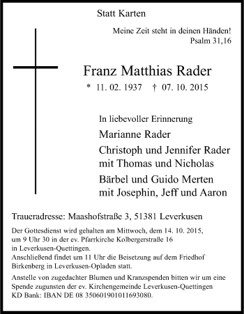Anzeige von Franz Matthias Rader von Kölner Stadt-Anzeiger / Kölnische Rundschau / Express