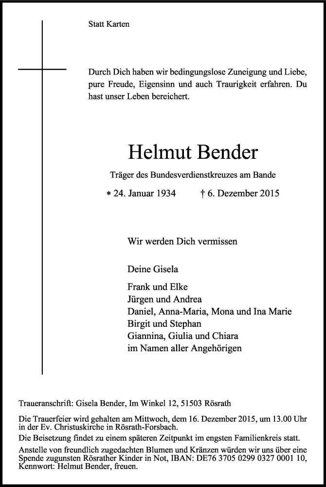  Traueranzeige für Helmut Bender vom 12.12.2015 aus Kölner Stadt-Anzeiger / Kölnische Rundschau / Express