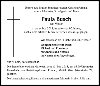 Anzeige von Paula Busch von Kölner Stadt-Anzeiger / Kölnische Rundschau / Express