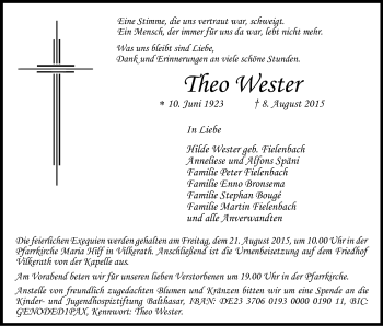 Anzeige von Theo Wester von Kölner Stadt-Anzeiger / Kölnische Rundschau / Express