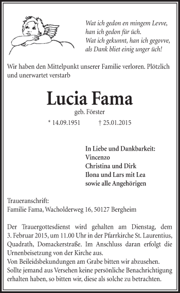 Anzeige von Lucia Fama von  Sonntags-Post 