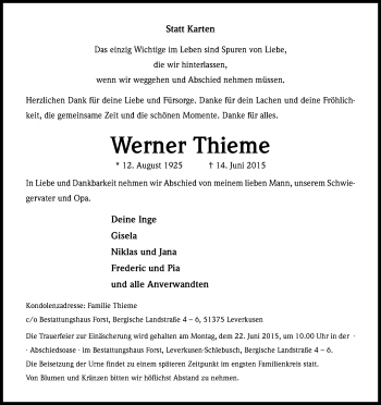 Anzeige von Werner Thieme von Kölner Stadt-Anzeiger / Kölnische Rundschau / Express