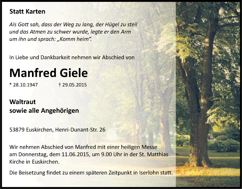  Traueranzeige für Manfred Giele vom 06.06.2015 aus Kölner Stadt-Anzeiger / Kölnische Rundschau / Express