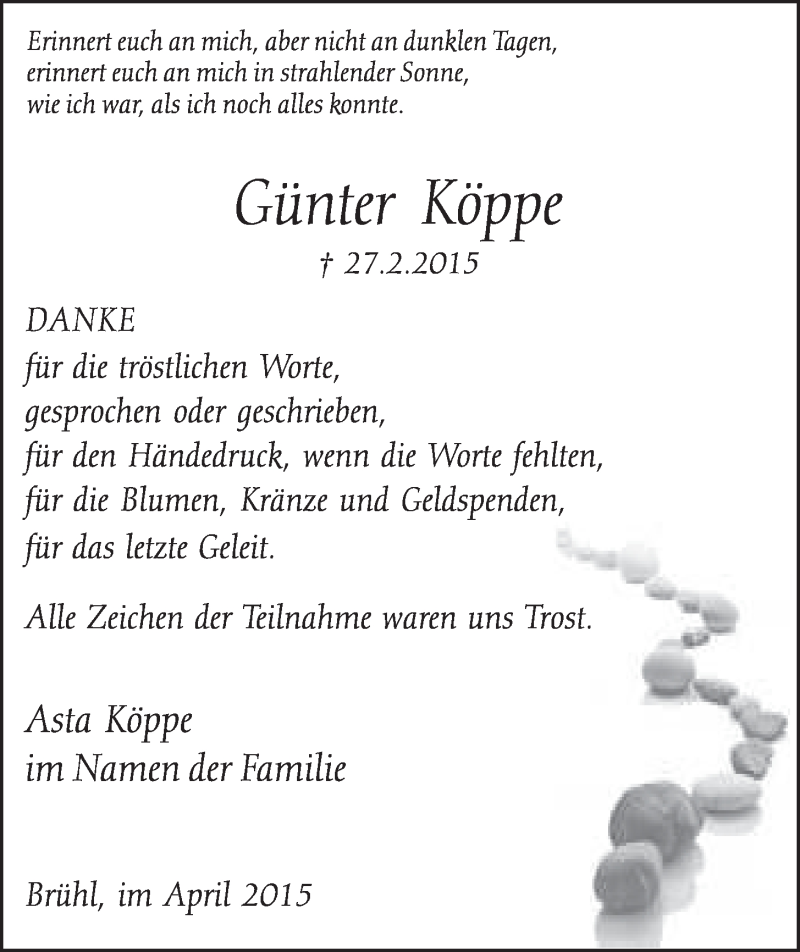  Traueranzeige für Günter Köppe vom 22.04.2015 aus  Schlossbote/Werbekurier 
