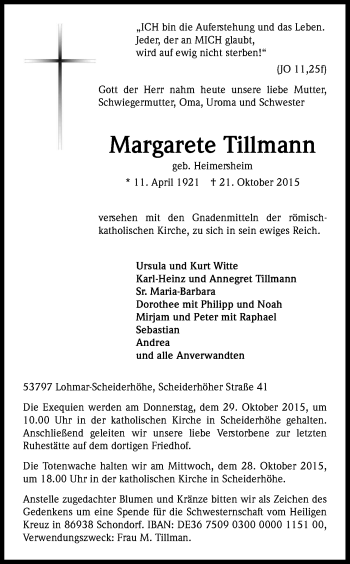 Anzeige von Margarete Tillmann von Kölner Stadt-Anzeiger / Kölnische Rundschau / Express