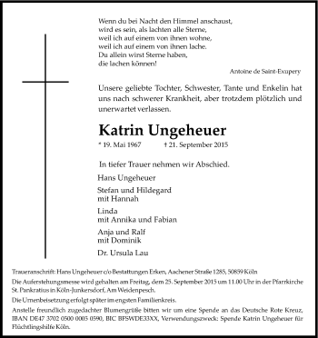 Anzeige von Katrin Ungeheuer von Kölner Stadt-Anzeiger / Kölnische Rundschau / Express