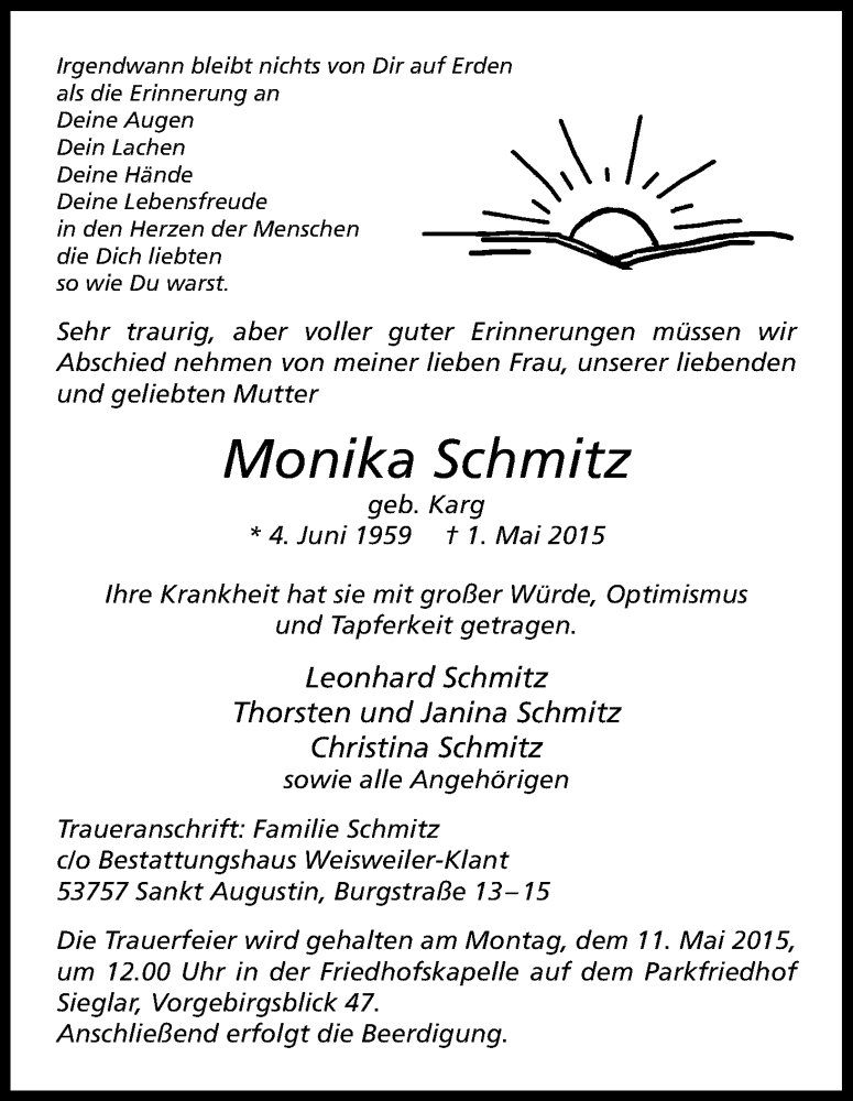  Traueranzeige für Monika Schmitz vom 07.05.2015 aus Kölner Stadt-Anzeiger / Kölnische Rundschau / Express