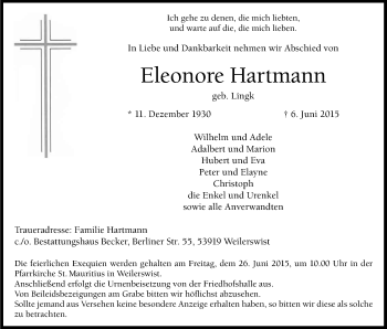 Anzeige von Eleonore Hartmann von Kölner Stadt-Anzeiger / Kölnische Rundschau / Express