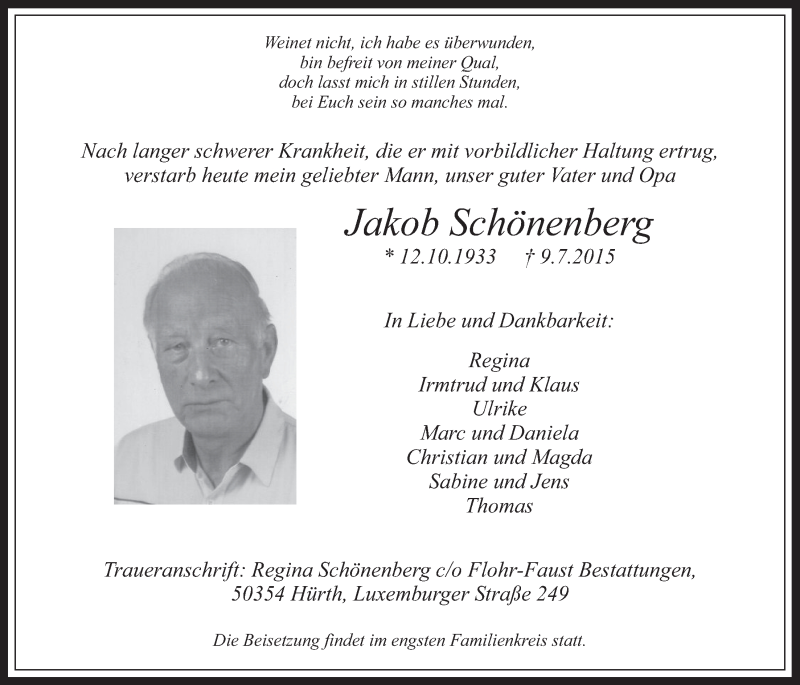  Traueranzeige für Jakob Schönenberg vom 15.07.2015 aus  Wochenende 