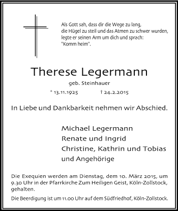 Anzeige von Therese Legermann von Kölner Stadt-Anzeiger / Kölnische Rundschau / Express