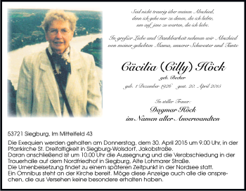 Anzeige von Cäcilia Höck von Kölner Stadt-Anzeiger / Kölnische Rundschau / Express