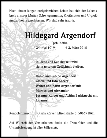 Anzeige von Hildegard Argendorf von Kölner Stadt-Anzeiger / Kölnische Rundschau / Express