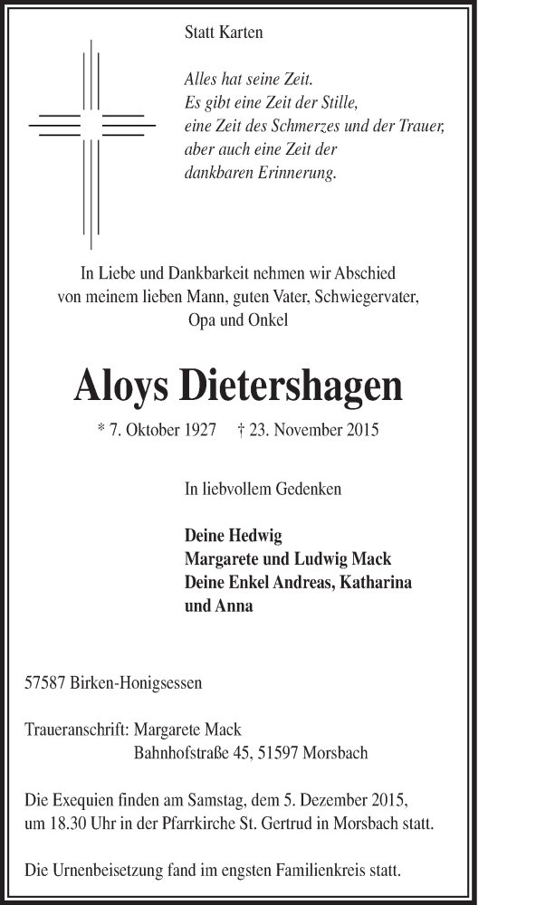  Traueranzeige für Aloys Dietershagen vom 02.12.2015 aus  Westerwald Rundschau 