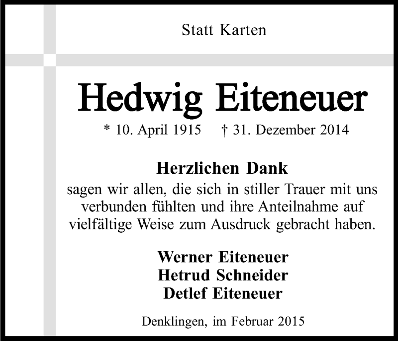  Traueranzeige für Hedwig Eiteneuer vom 21.02.2015 aus Kölner Stadt-Anzeiger / Kölnische Rundschau / Express