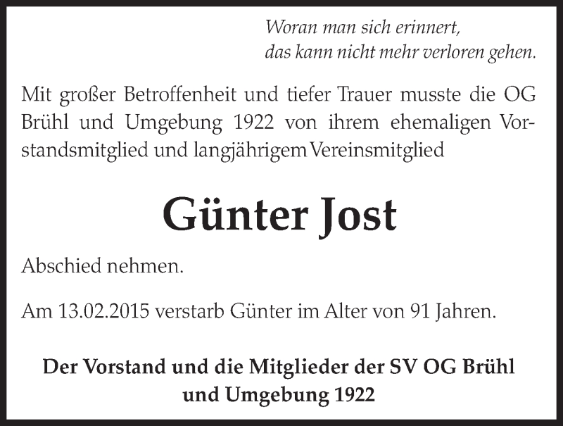  Traueranzeige für Günter Jost vom 25.02.2015 aus  Schlossbote/Werbekurier 