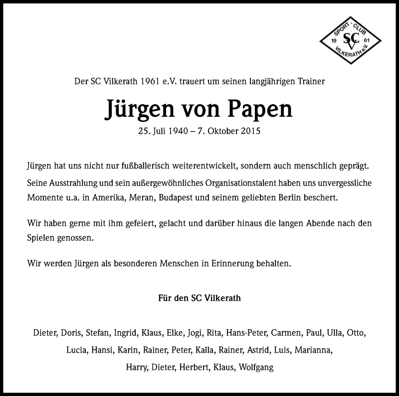  Traueranzeige für Jürgen von Papen vom 24.10.2015 aus Kölner Stadt-Anzeiger / Kölnische Rundschau / Express