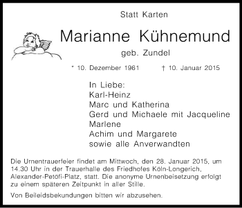 Anzeige von Marianne Kühnemund von Kölner Stadt-Anzeiger / Kölnische Rundschau / Express