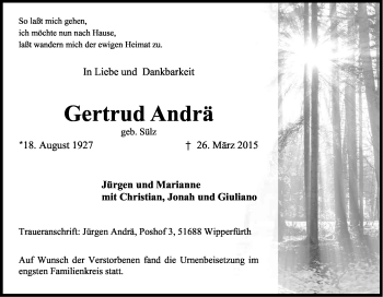 Anzeige von Gertrud Andrä von Kölner Stadt-Anzeiger / Kölnische Rundschau / Express