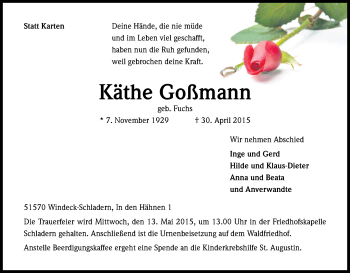 Anzeige von Käthe Goßmann von Kölner Stadt-Anzeiger / Kölnische Rundschau / Express
