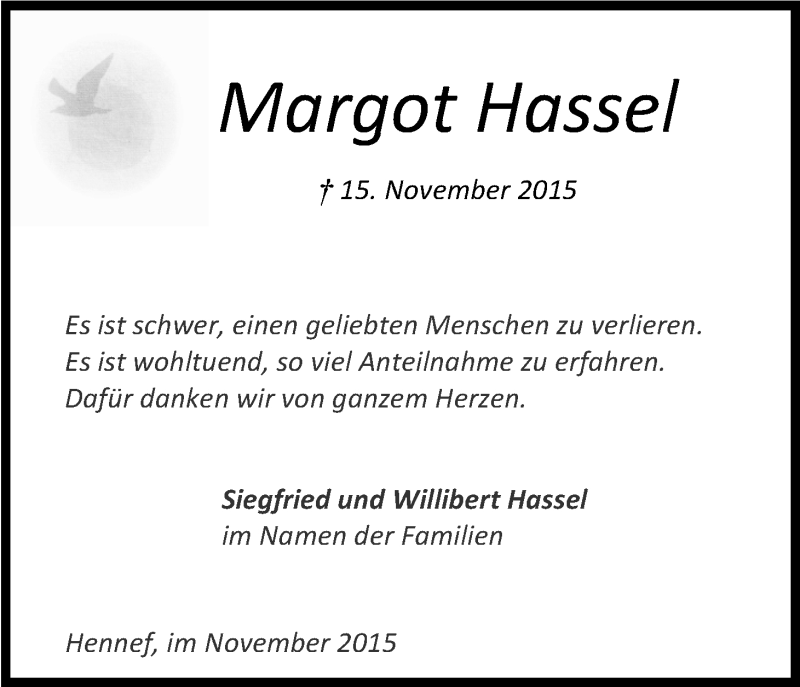  Traueranzeige für Margot Hassel vom 28.11.2015 aus Kölner Stadt-Anzeiger / Kölnische Rundschau / Express
