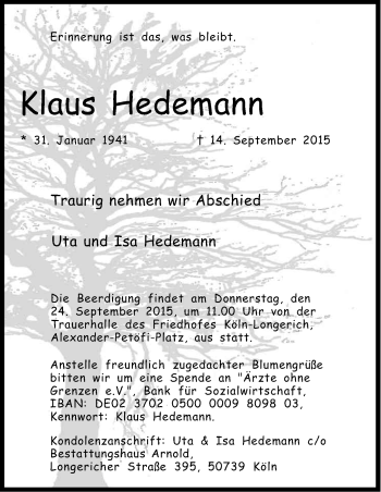 Anzeige von Klaus Hedemann von Kölner Stadt-Anzeiger / Kölnische Rundschau / Express