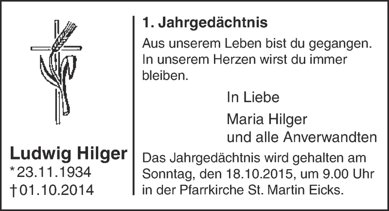  Traueranzeige für Ludwig Hilger vom 11.10.2015 aus  Blickpunkt Euskirchen 