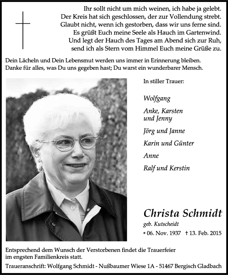  Traueranzeige für Christa Schmidt vom 28.02.2015 aus Kölner Stadt-Anzeiger / Kölnische Rundschau / Express