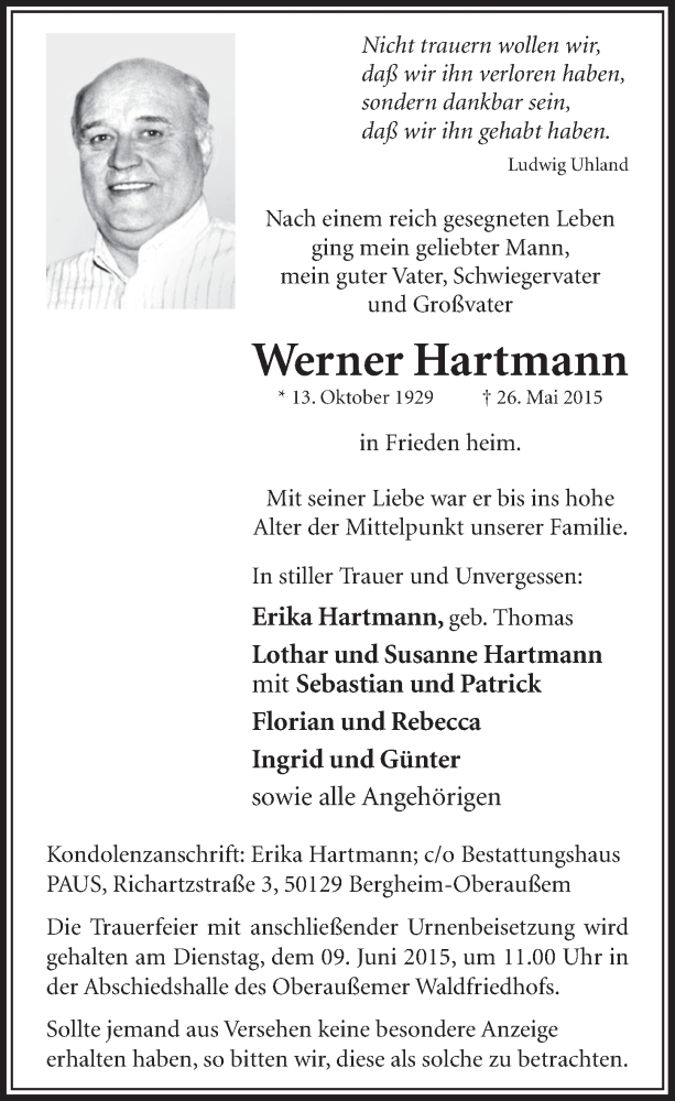  Traueranzeige für Werner Hartmann vom 06.06.2015 aus  Sonntags-Post 