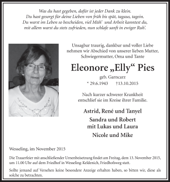 Anzeige von Eleonore Pies von  Schlossbote/Werbekurier 