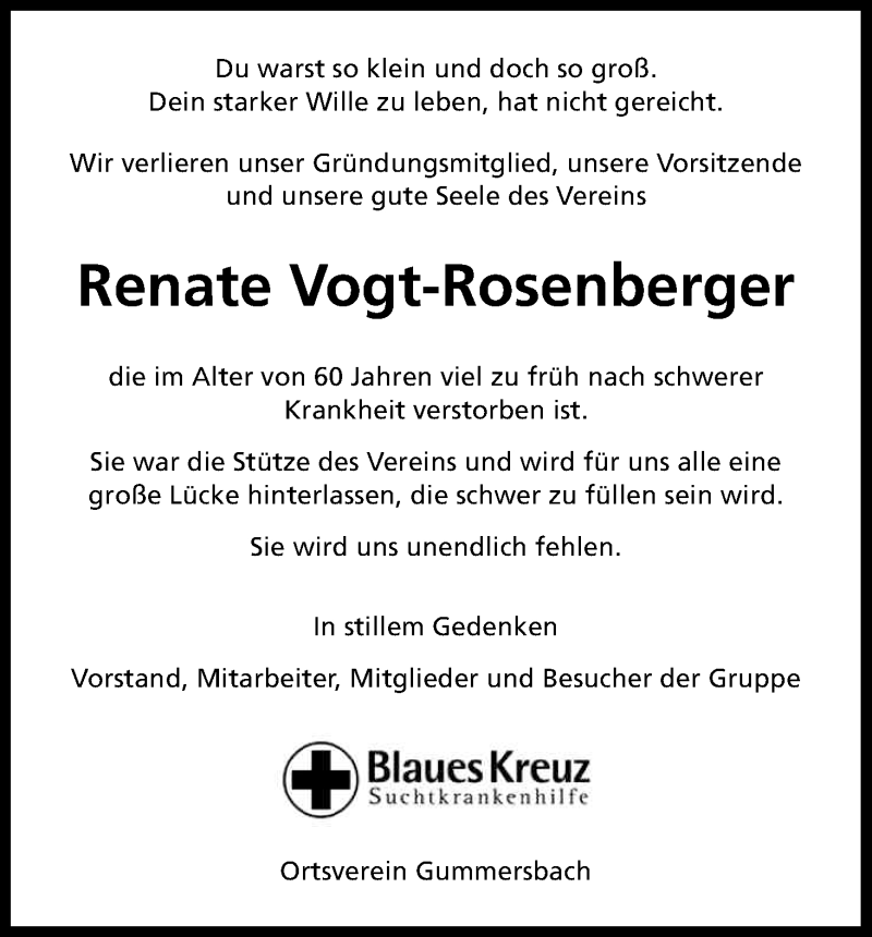  Traueranzeige für Renate Vogt-Rosenberger vom 05.08.2015 aus Kölner Stadt-Anzeiger / Kölnische Rundschau / Express