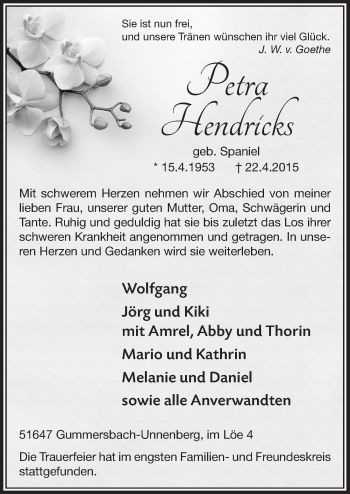 Anzeige von Petra Hendricks von  Anzeigen Echo 