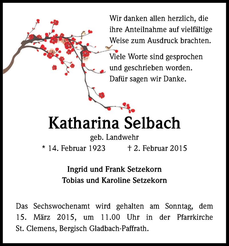  Traueranzeige für Katharina Selbach vom 07.03.2015 aus Kölner Stadt-Anzeiger / Kölnische Rundschau / Express