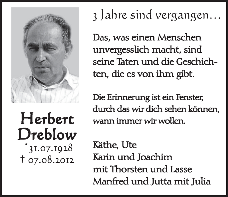  Traueranzeige für Herbert Dreblow vom 05.08.2015 aus  Schlossbote/Werbekurier 
