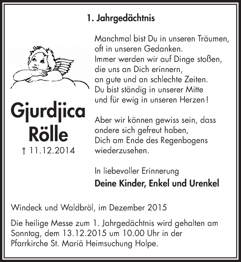  Traueranzeige für Gjurdjica Rölle vom 09.12.2015 aus  Lokalanzeiger 