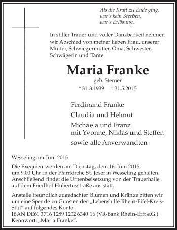 Anzeige von Maria Franke von  Schlossbote/Werbekurier 