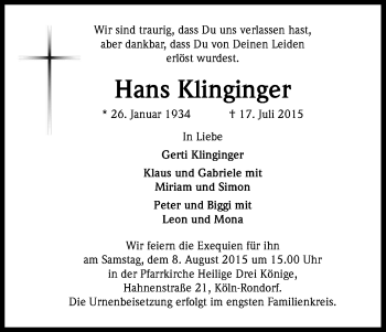 Anzeige von Hans Klinginger von Kölner Stadt-Anzeiger / Kölnische Rundschau / Express