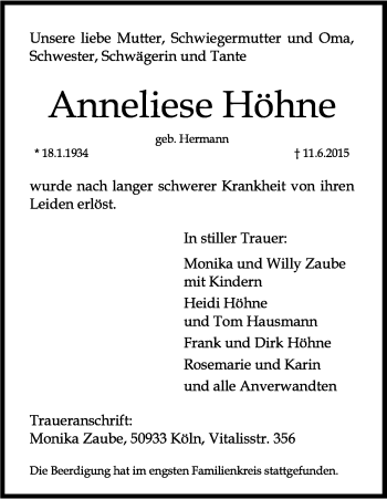 Anzeige von Anneliese Höhne von Kölner Stadt-Anzeiger / Kölnische Rundschau / Express